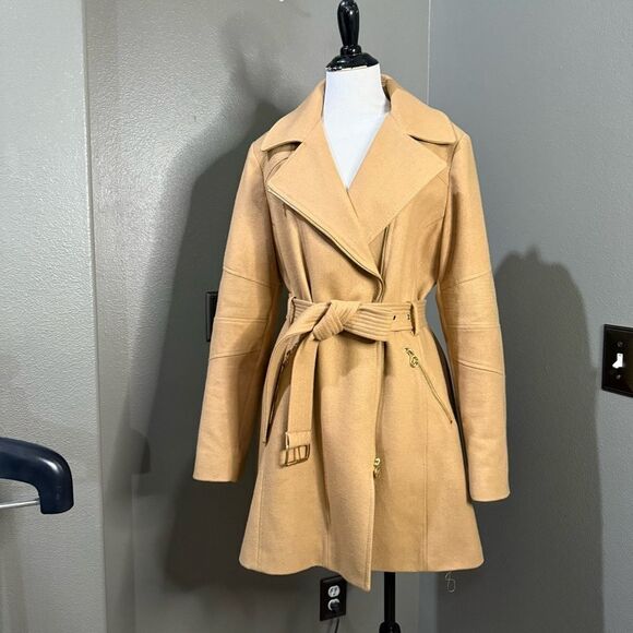 Michael Kors Asymmetrical Belted Walker Coat Wool Blend Camel Gold hardware - Picture 2 of 11